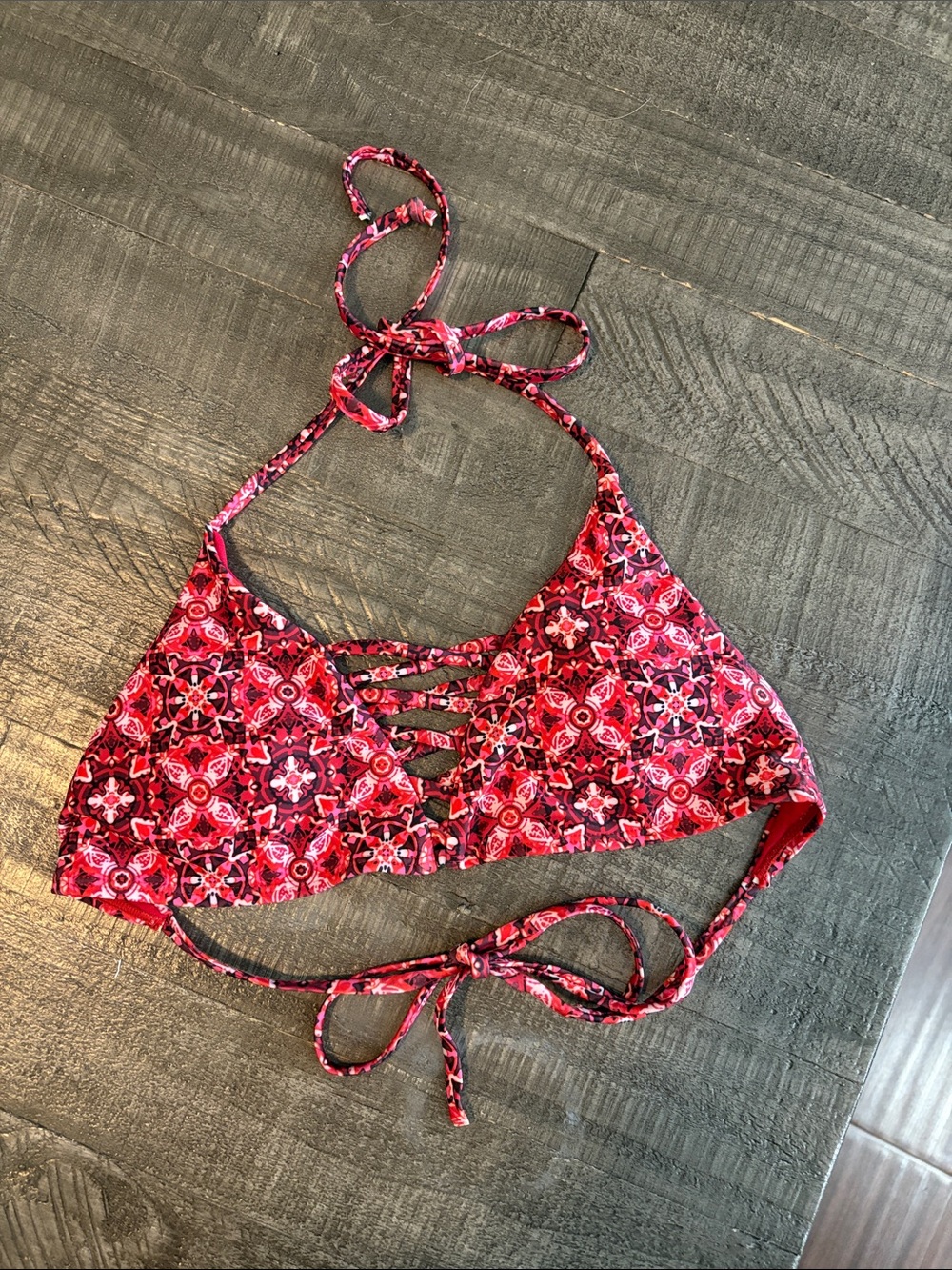 Women's Pink Patterned Lace-Up Bikini Top
